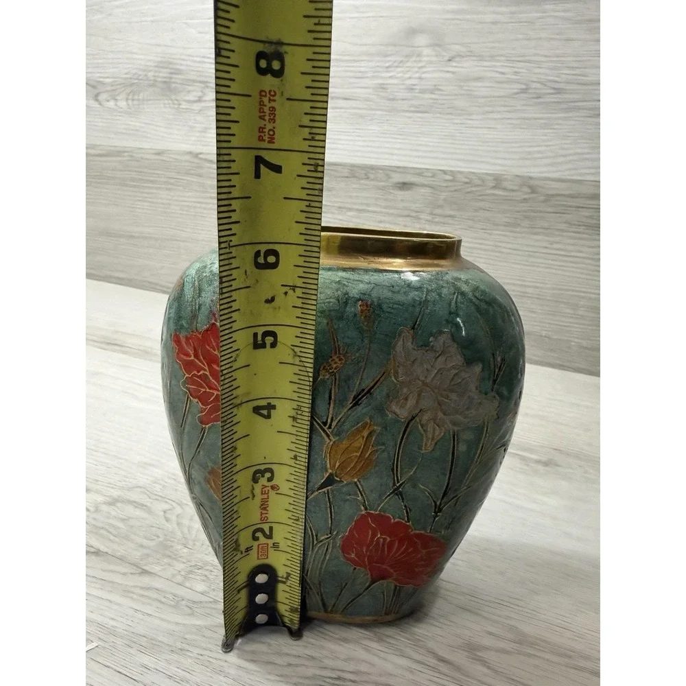 Solid Brass Polychrome Painted Lotus Vase Teal Gold Floral MCM 6